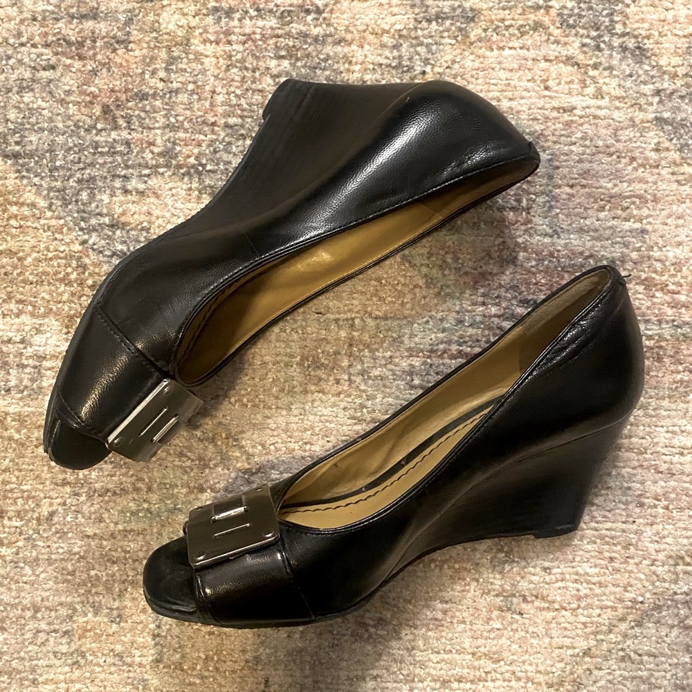 Nine West Wedge Heeled Black Shoe with Metal Buckle Detail on Toe - Picture 6 of 7